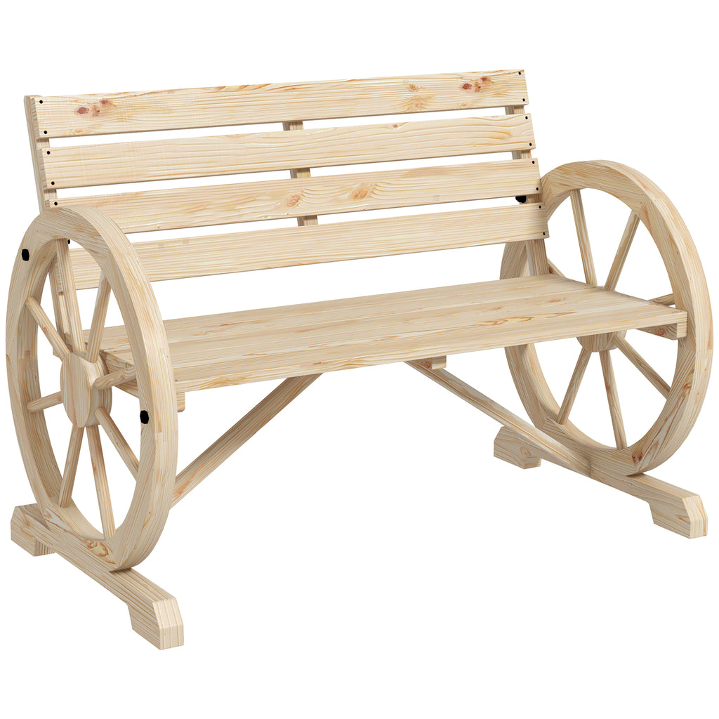 DodiOnline Wagon Wheel Chair Bench Armrest Rustic Loveseat Wood Outdoor Garden, Natural