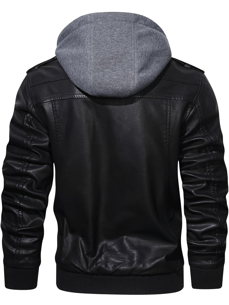 Men's Casual Hooded PU Leather Jacket, Chic Multi Pocket Biker Soft-shell Jacket