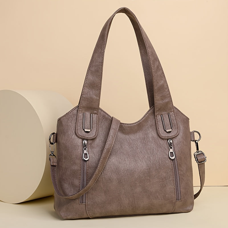 1pc Women's Large Capacity Tote Bag, Synthetic Leather Shoulder Crossbody Handbag with Removable Strap, Zipper Closure, Polyester Lined, Available in Khaki, Light Brown, Purple, Red, Blue, Black, Crossbody Bag