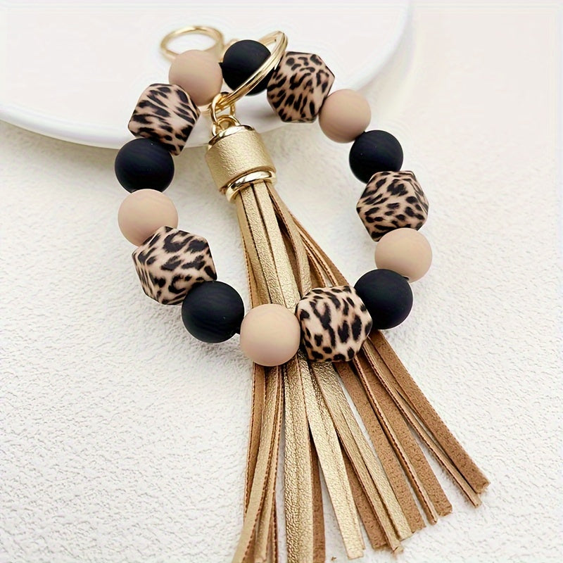 Silicone Beaded Wristlet Keychain With PU Leather Tassel Skull Flower Leopard Fashion Bag Charm Phone Lanyard Women daily use Gift