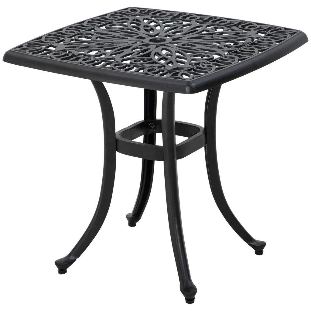 DodiOnline Cast Aluminium Bistro Table, Outdoor Square Side Table with Umbrella Hole, Garden Table for Balcony, Black