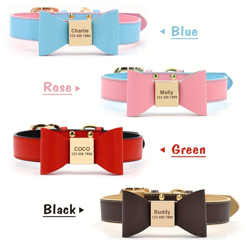 For Small Medium Dogs Cats, Free Engraved PU Leather Personalized Dog Collar with Bowknot, Customized Pet ID Name Collar
