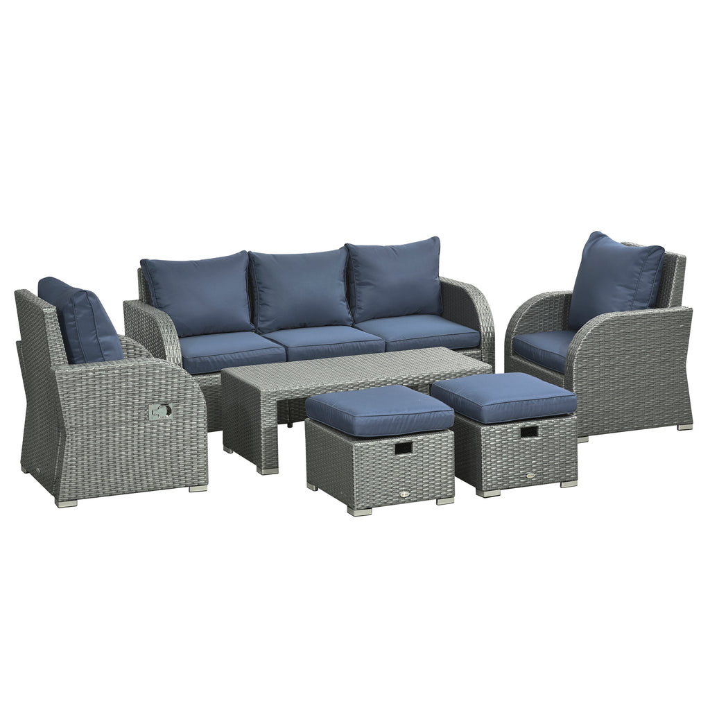 DodiOnline Six-piece Outdoor Rattan Dining Set, with Reclining Armchairs - Blue