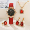 5pcs/set Women's Shiny Rhinestone Quartz Watch Analog PU Leather Wrist Watch & Jewelry Set, Gift For Mom Her