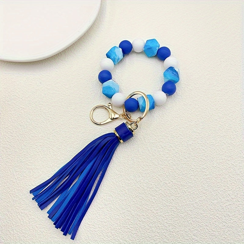 Silicone Beaded Wristlet Keychain With PU Leather Tassel Skull Flower Leopard Fashion Bag Charm Phone Lanyard Women daily use Gift