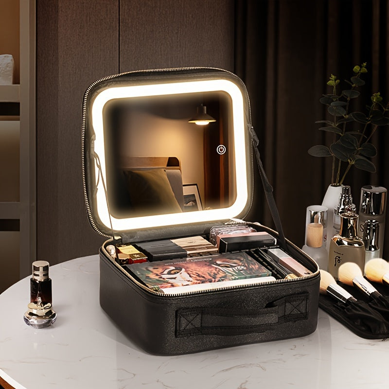 Elegant USB Rechargeable Makeup Bag for Women: Waterproof with LED Mirror, Adjustable Dividers - Ultimate Beauty Organizer