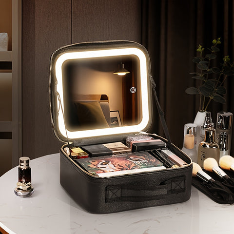 Elegant USB Rechargeable Makeup Bag for Women: Waterproof with LED Mirror, Adjustable Dividers - Ultimate Beauty Organizer