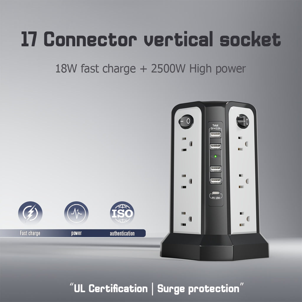 PASSUS 10ft Surge Protector Power Strip with USB C Ports - 12 AC Outlets, 5 USB Charging Ports, 18W PD Support, 125V US Plug, Compact Design for Home Office Dorm, Surge Protection, Rectangular Shape, Dorm Room Essentials, Mod