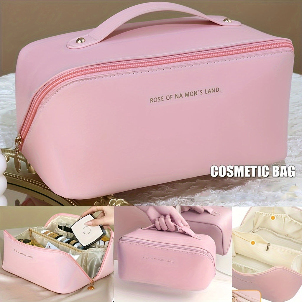 Large Capacity Makeup Bag, Multi-Layered With Dividers, Portable Zippered Pouch, PU Leather, Waterproof, Multifunctional Travel Organizer