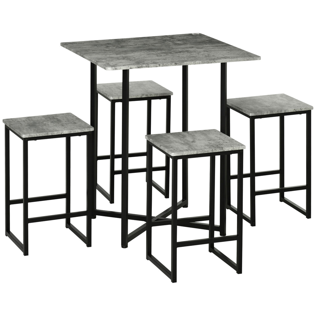 DodiOnline 5pc Bar Table Set, Square Dining Table Set for 4 People, Home Kitchen Breakfast Bar Set with Steel Frame and Footrest, Concrete Grey