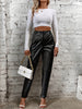 Elegant Women's Faux Leather Pants - High Waist, Comfort Stretch, Button Detail, Perfect for Fall/Winter