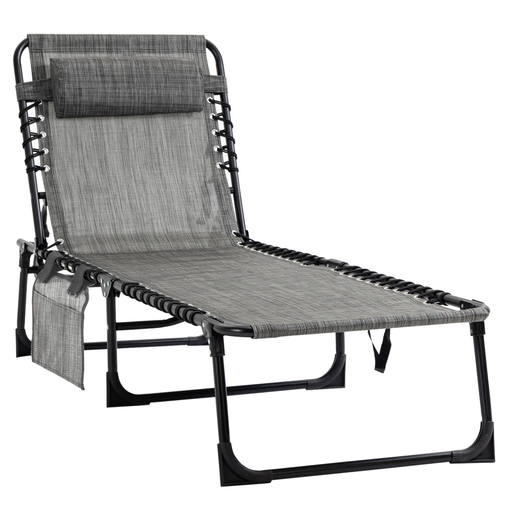 DodiOnline Portable Sun Lounger, Folding Camping Bed Cot, Reclining Lounge Chair 5-position Adjustable Backrest with Side Pocket, Pillow for Patio Garden Beach Pool, Mixed Grey