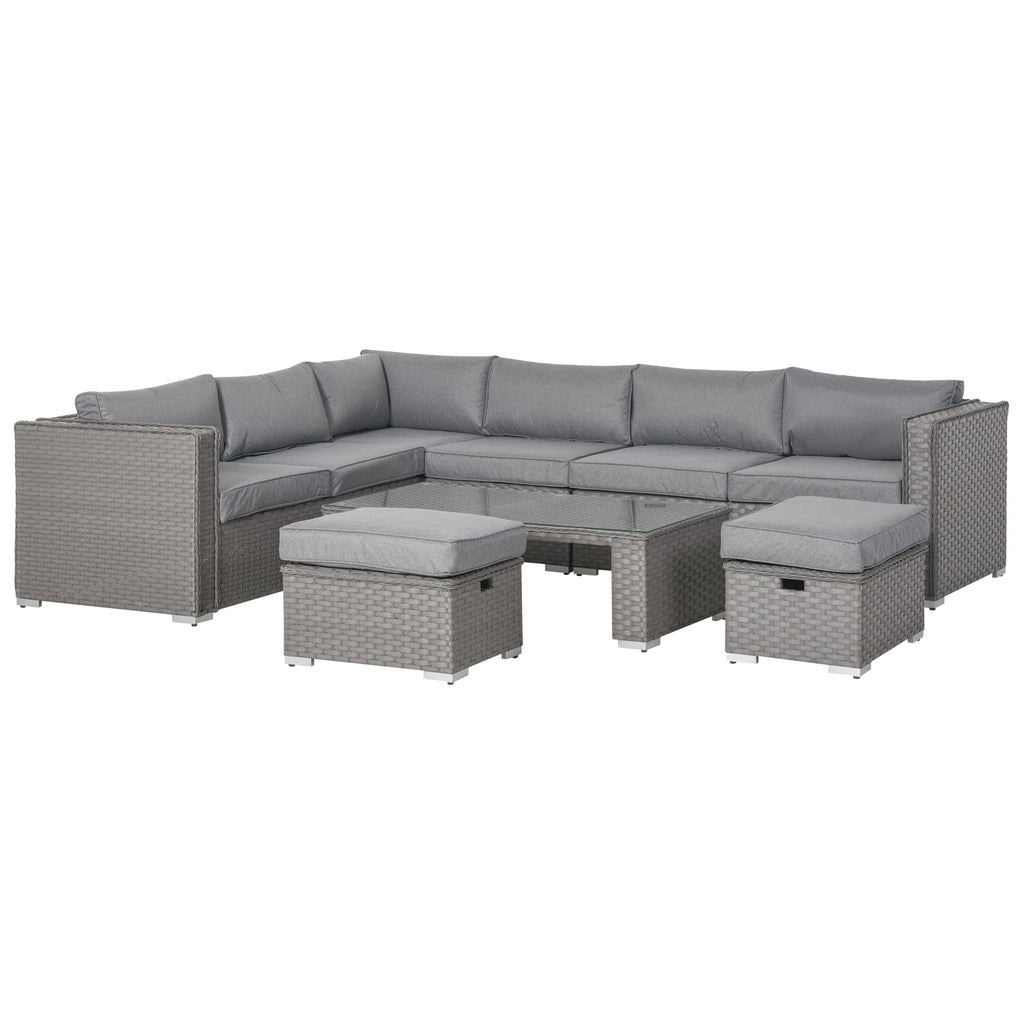 DodiOnline 6 Pieces Outdoor PE Rattan Wicker Corner Sofa Set with 10cm Thick Padded Cushions, Aluminium Conservatory Furniture with Glass Top Coffee Table, Footstools, Grey
