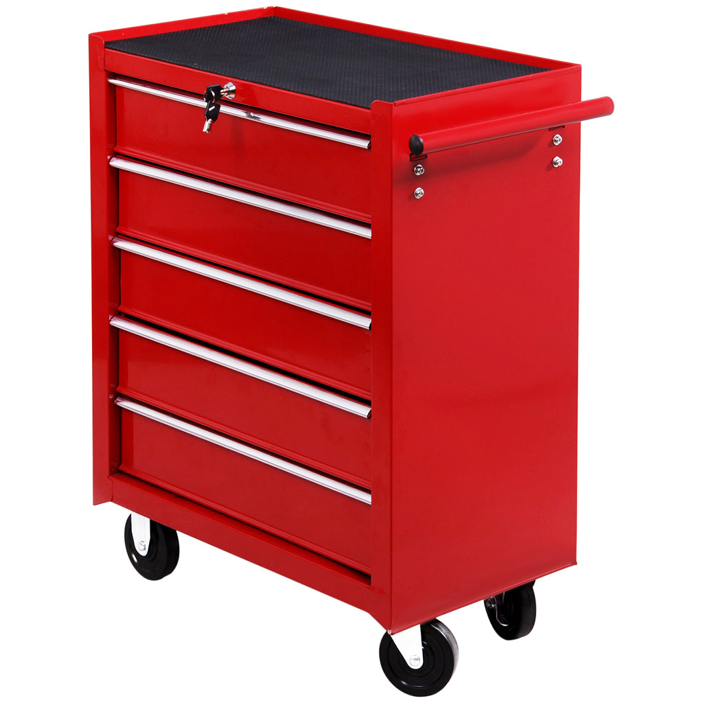 DodiOnline 5 Drawer Tool Chest on Wheels, Lockable Steel Tool Trolley with Side Handle for Workshop, Garage, Red