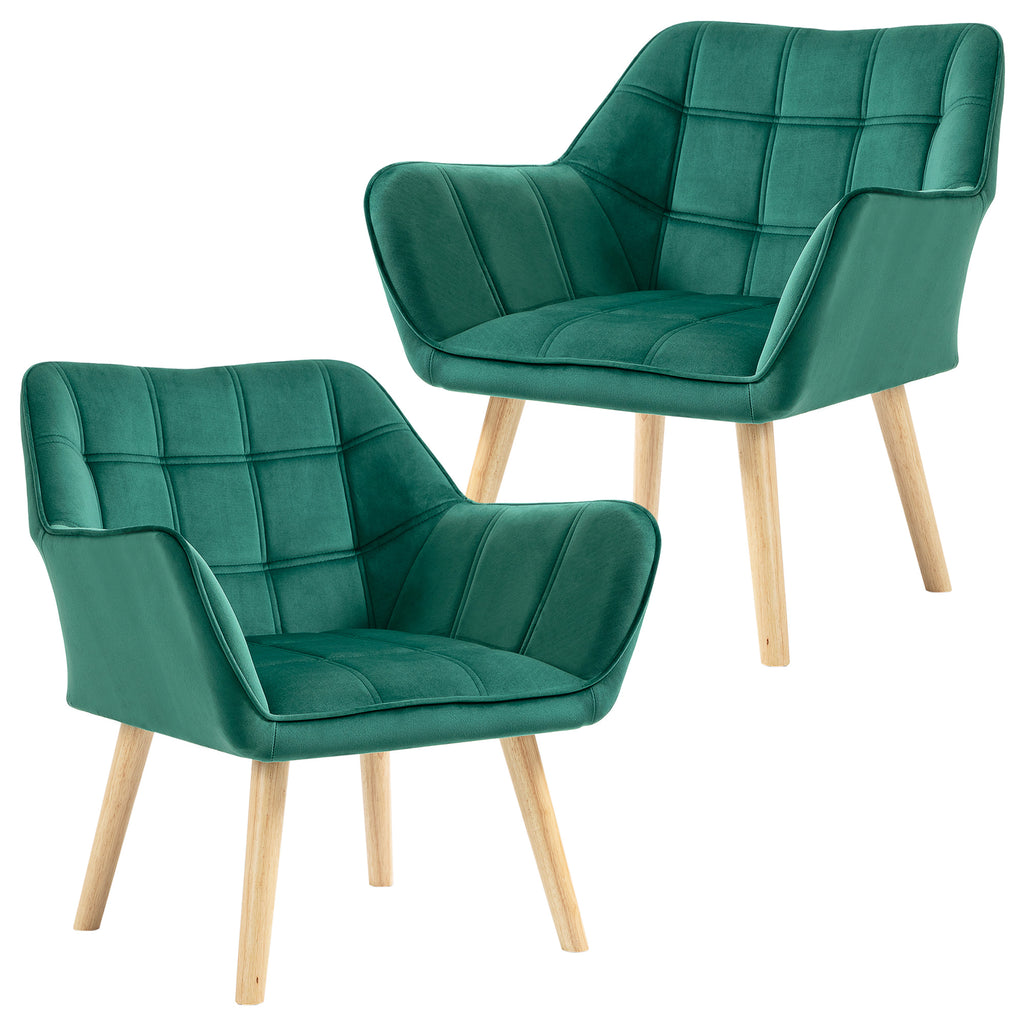 DodiOnline Armchair Accent Chair, Vanity Chair with Wide Arms, Slanted Back, Padding, Metal Frame, Wooden Legs, Home Bedroom Furniture Seating, Set of 2, Green