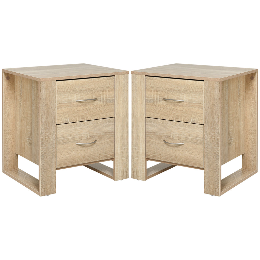 DodiOnline Bedside Table with 2 Drawers, Nightstand with Handles and Elevated Base, Side Table for Bedroom, Living Room, Set of 2, Brown