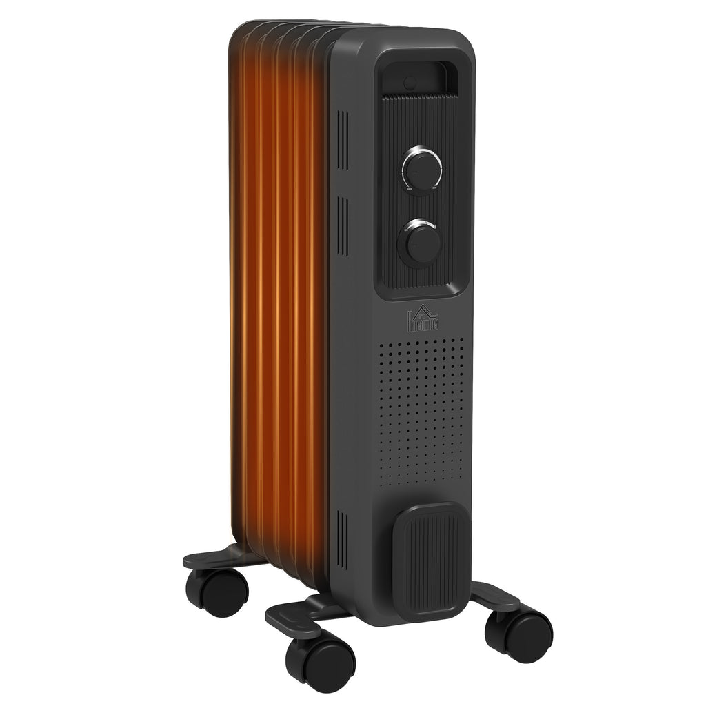DodiOnline 1500W Oil Filled Radiator, 7 Fin, Portable Electric Heater with 3 Heat Settings, Safety Cut-Off and Wheels, Grey