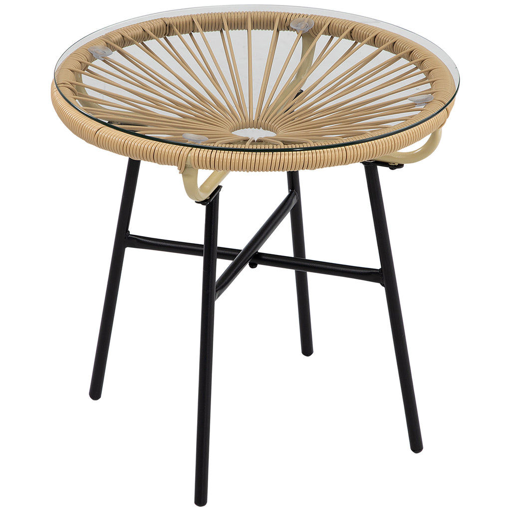 DodiOnline Rattan Side Table, Round Outdoor Coffee Table, with Round PE Rattan and Tempered Glass Table Top for Patio, Garden, Balcony, Beige