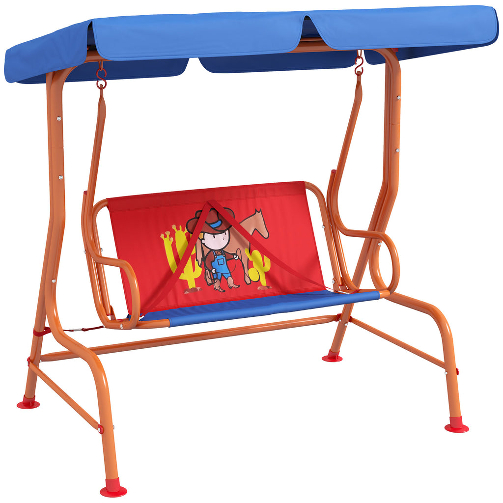 DodiOnline Two Seater Kids Garden Swing, Cowboy Themed kids Swing Chair with Adjustable Canopy, Safety Belts for Outdoor Use