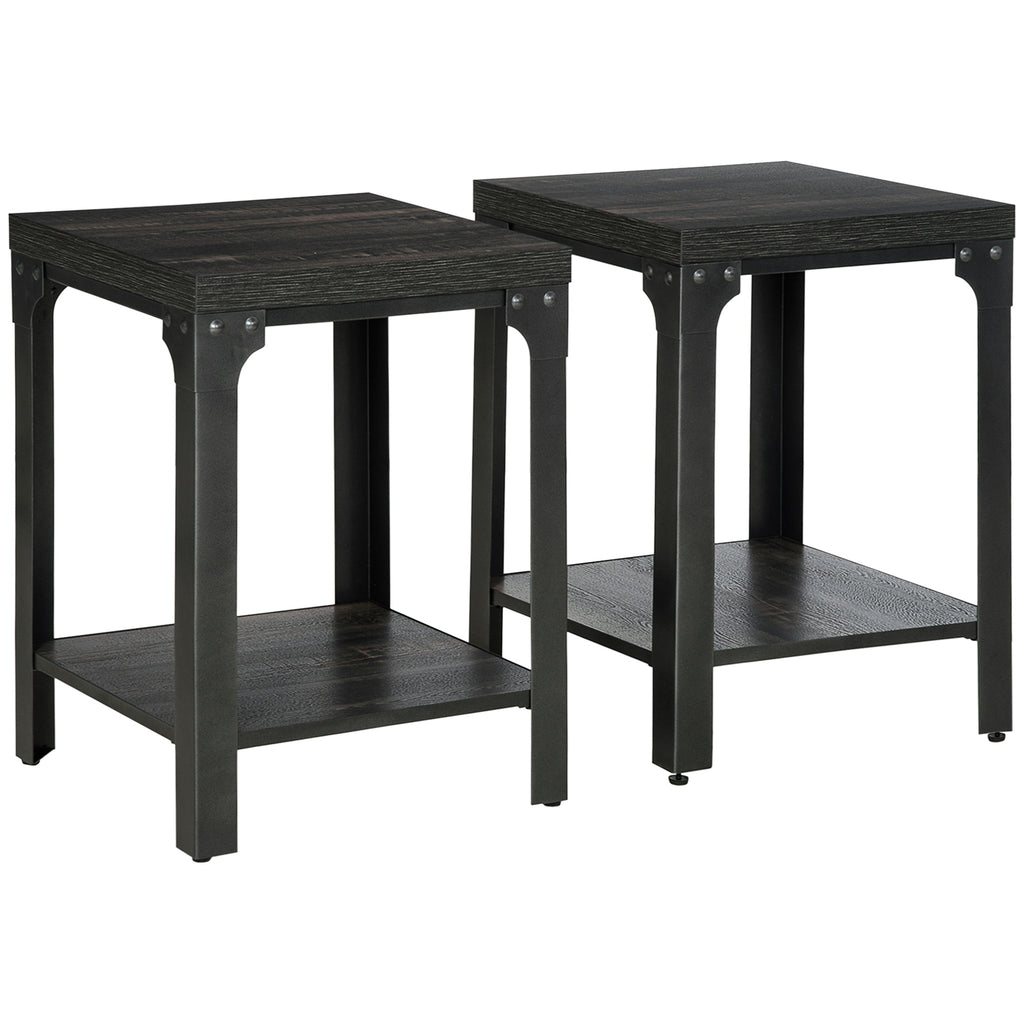 DodiOnline Industrial Side Table Set of 2 with Storage Shelf, Bedside Tables with Steel Frame and Thickened Top, Living Room Bedroom, Dark Walnut