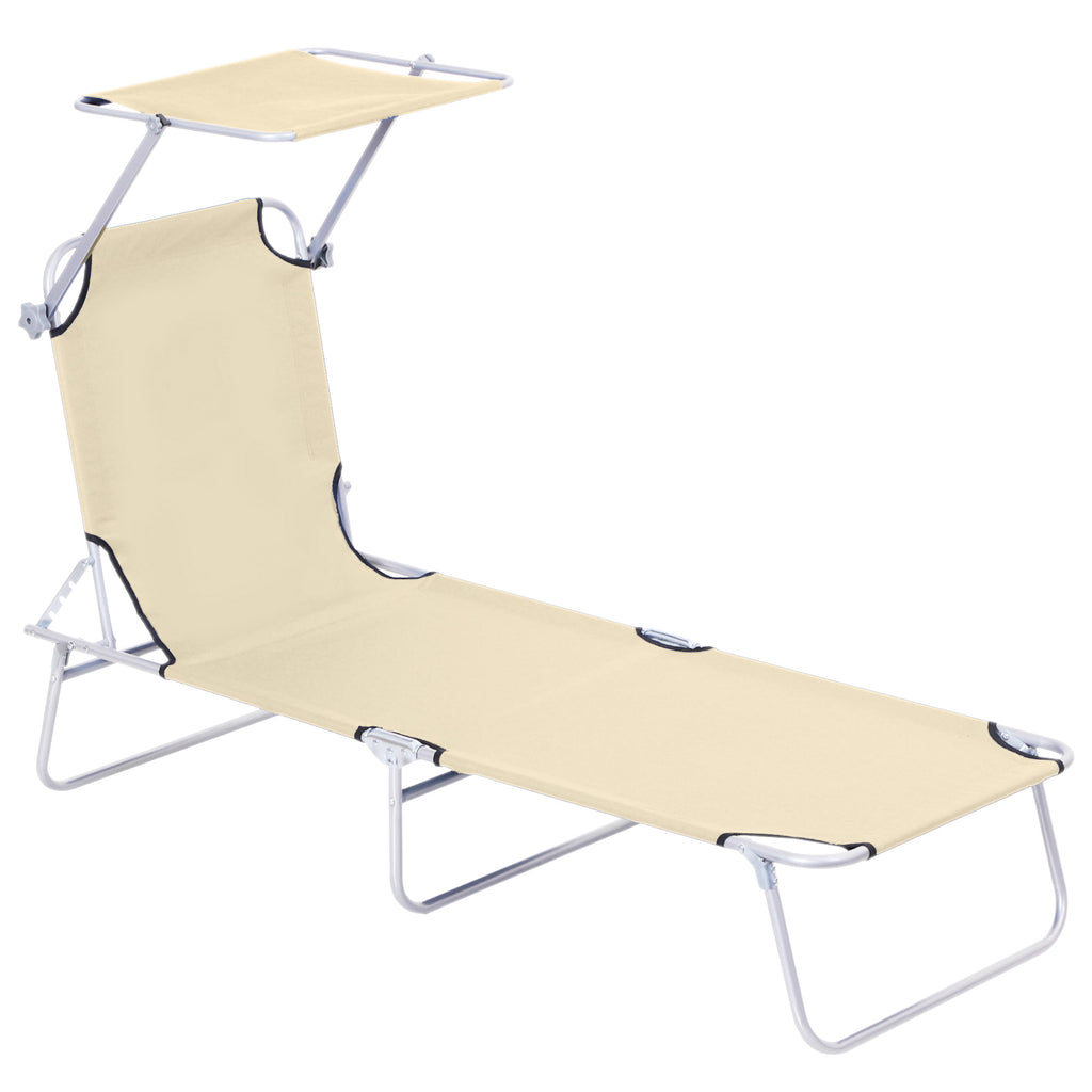 DodiOnline Outdoor Foldable Sun Lounger, 4 Level Adjustable Backrest Reclining Sun Lounger Chair with Angle Adjust Sun Shade Awning for Beach, Garden, Patio, Beige