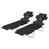 DodiOnline Foldable Sun Lounger Set of 2, Beach Chaise Lounges with Reading Hole, Arm Slots, 5-Position Adjustable Backrest, Side Pocket, Pillow for Patio, Garden, Beach, Pool, Black