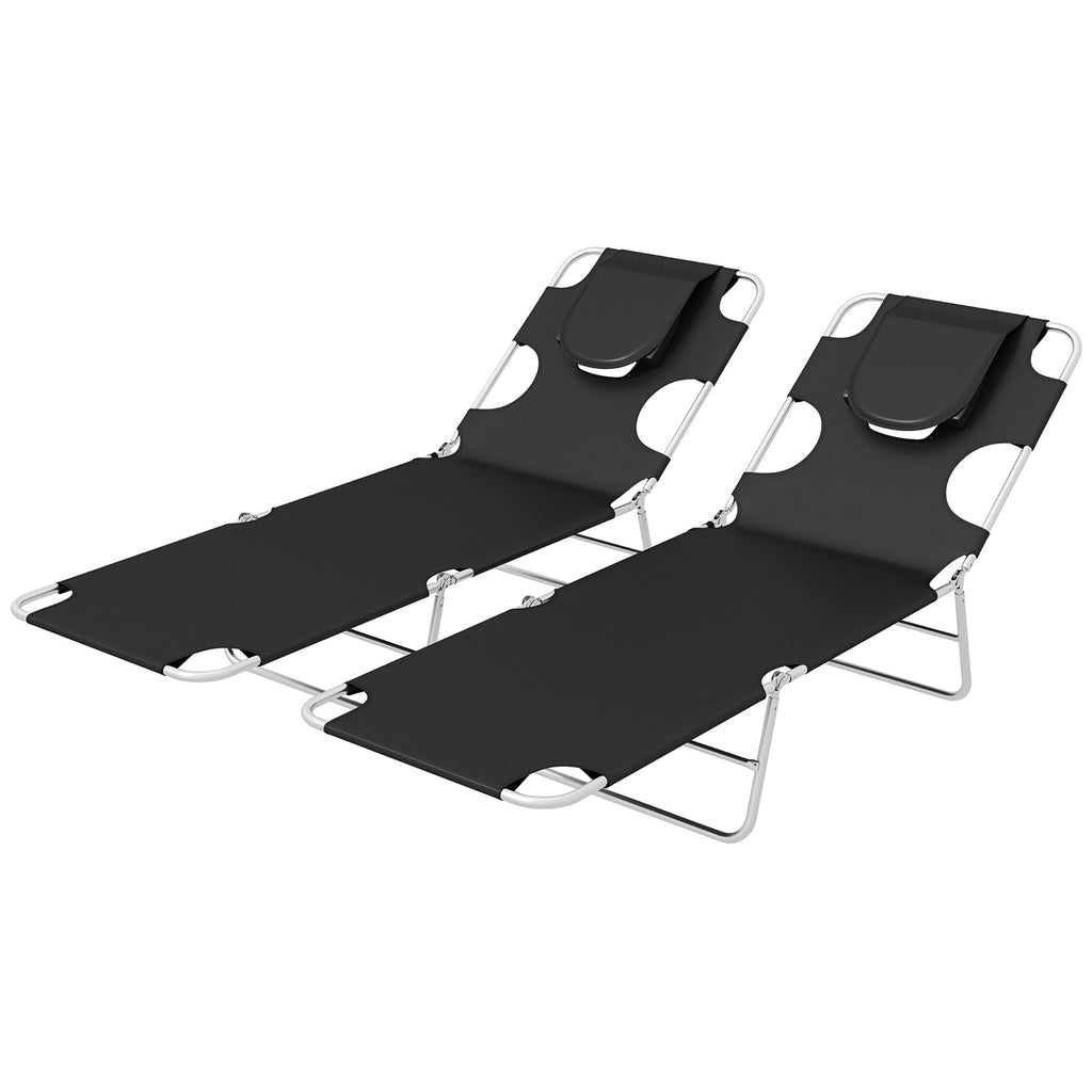 DodiOnline Foldable Sun Lounger Set of 2, Beach Chaise Lounges with Reading Hole, Arm Slots, 5-Position Adjustable Backrest, Side Pocket, Pillow for Patio, Garden, Beach, Pool, Black