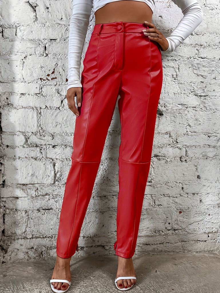Elegant Women's Faux Leather Pants - High Waist, Comfort Stretch, Button Detail, Perfect for Fall/Winter