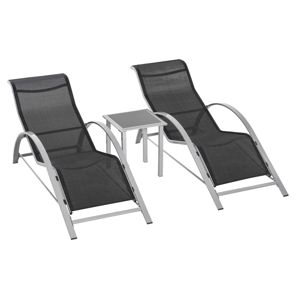 DodiOnline 3 Pieces Sun Lounger Chair Set, Metal Frame Garden Outdoor Sunbathing Chair with Side Table and Armrest, Black