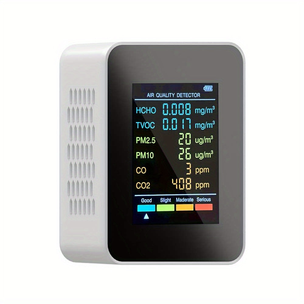 6-in-1 Multi-Function Air Quality Monitor - Detects CO2, PM2.5, PM10, TVOC & HCHO - Advanced Formaldehyde Sensor with Clear LCD Display - Ideal for Home & Office Air Health Monitoring