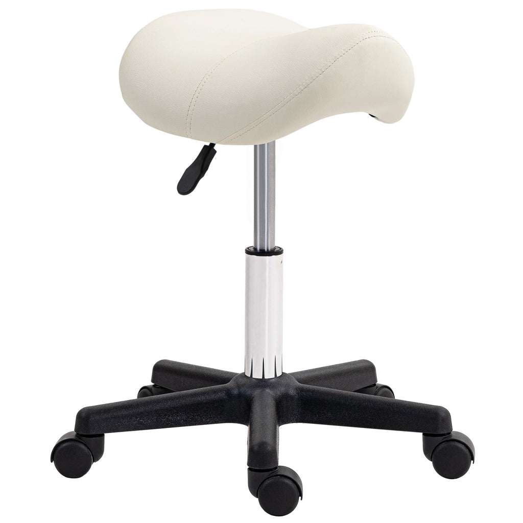 DodiOnline Saddle Stool, PU Leather Adjustable Rolling Salon Chair with Steel Frame for Massage, Spa, Beauty and Tattoo, White