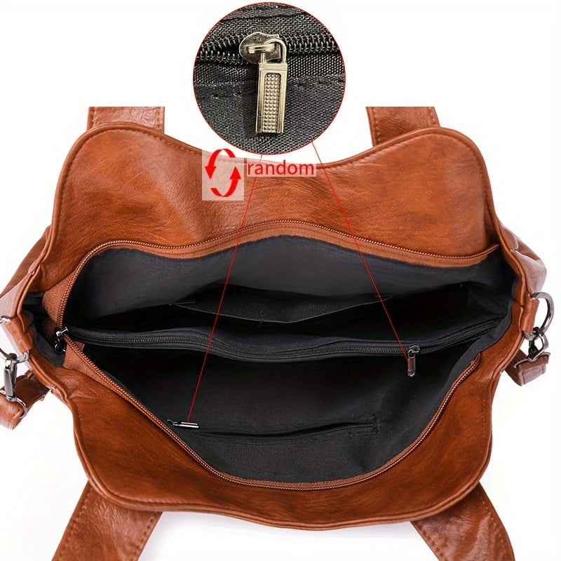 Retro PU Leather Tote Bag, Multi Pockets Shoulder Purse, Women's Large Capacity Crossbody Bag