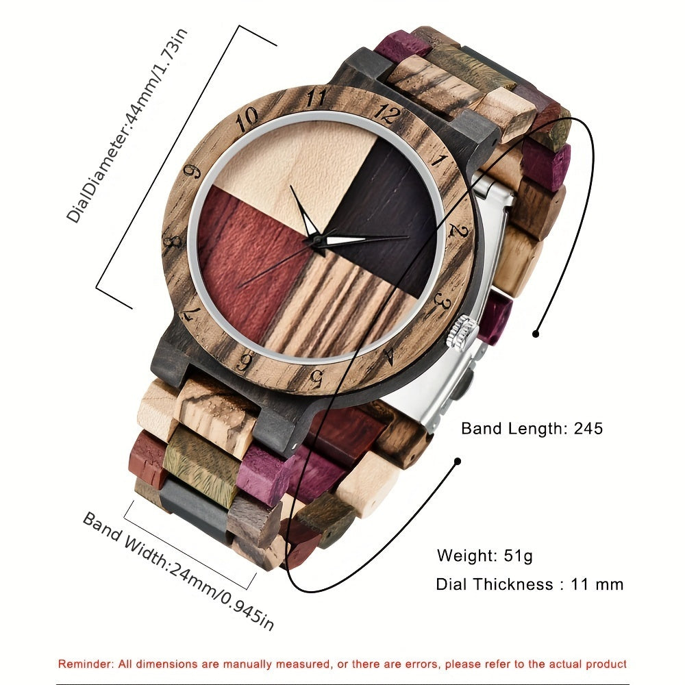 Unique Handcrafted Wooden Watch - Round Analog Quartz Timepiece with Colorful Bamboo Wood Dial and Wooden Strap for Casual Men - Non-Waterproof, Electronic Movement, Pointer Display