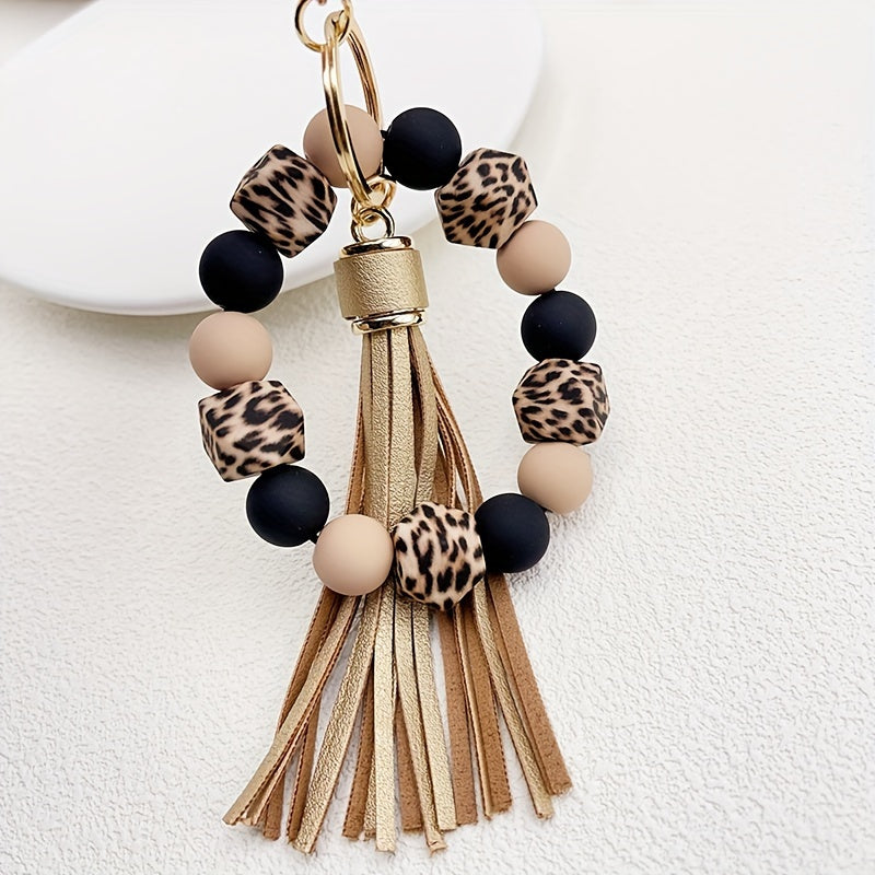 Silicone Beaded Wristlet Keychain With PU Leather Tassel Skull Flower Leopard Fashion Bag Charm Phone Lanyard Women daily use Gift