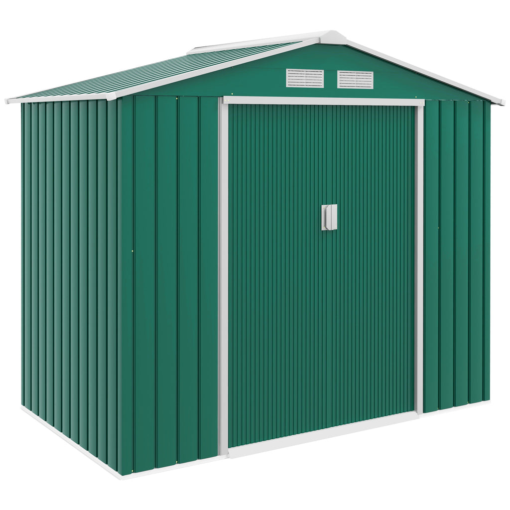 DodiOnline 7 x 4ft Metal Garden Shed, Outdoor Storage Tool House with Ventilation Slots, Foundation Kit and Lockable Double Doors, Green