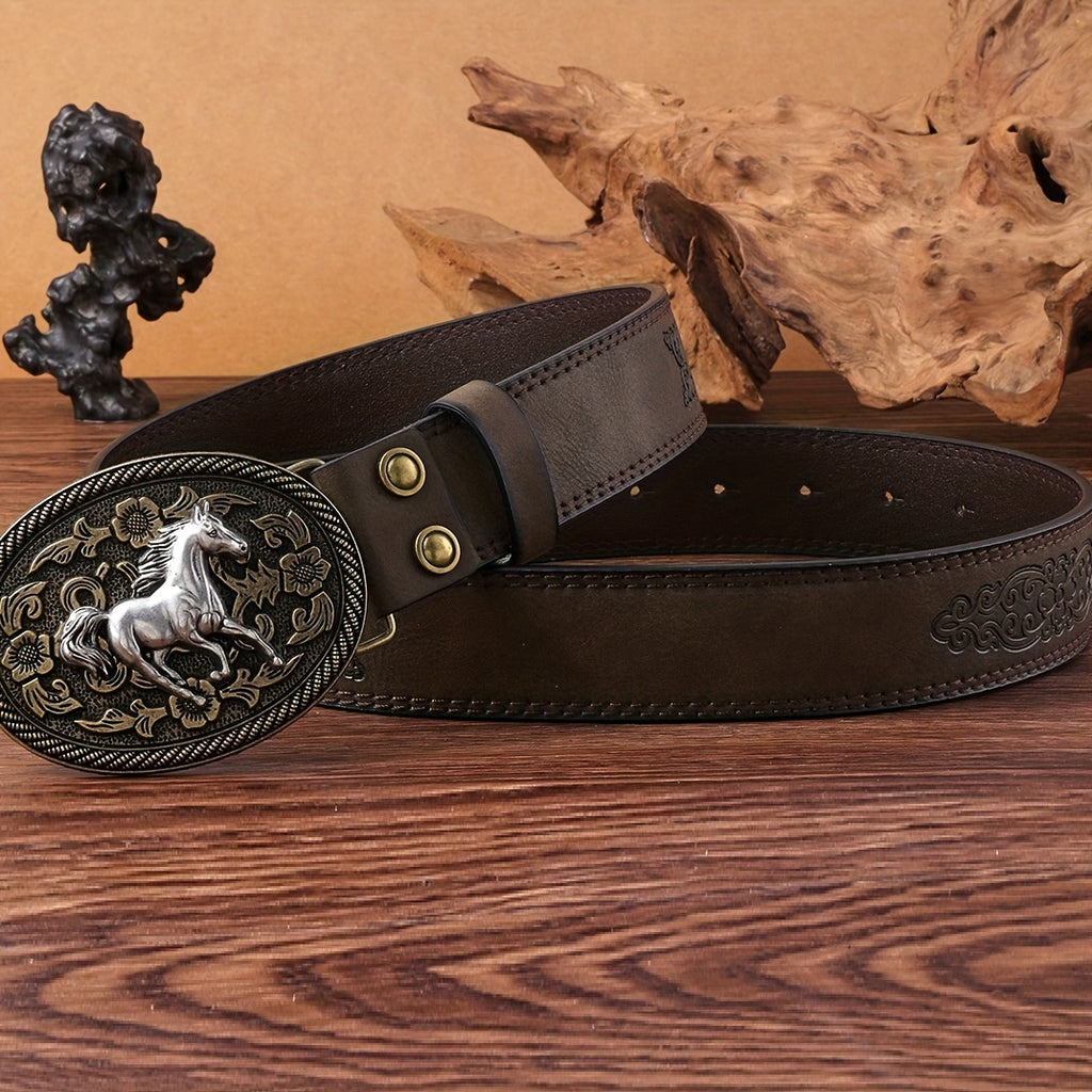 Men's Rustic Western Cowboy Belt With 3D Horse Buckle, Brown PU Leather, Punk Style