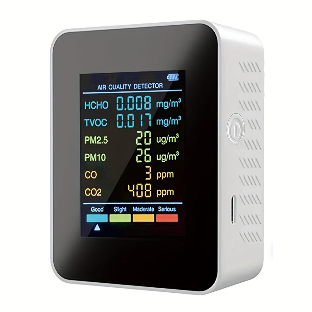 6-in-1 Multi-Function Air Quality Monitor - Detects CO2, PM2.5, PM10, TVOC & HCHO - Advanced Formaldehyde Sensor with Clear LCD Display - Ideal for Home & Office Air Health Monitoring
