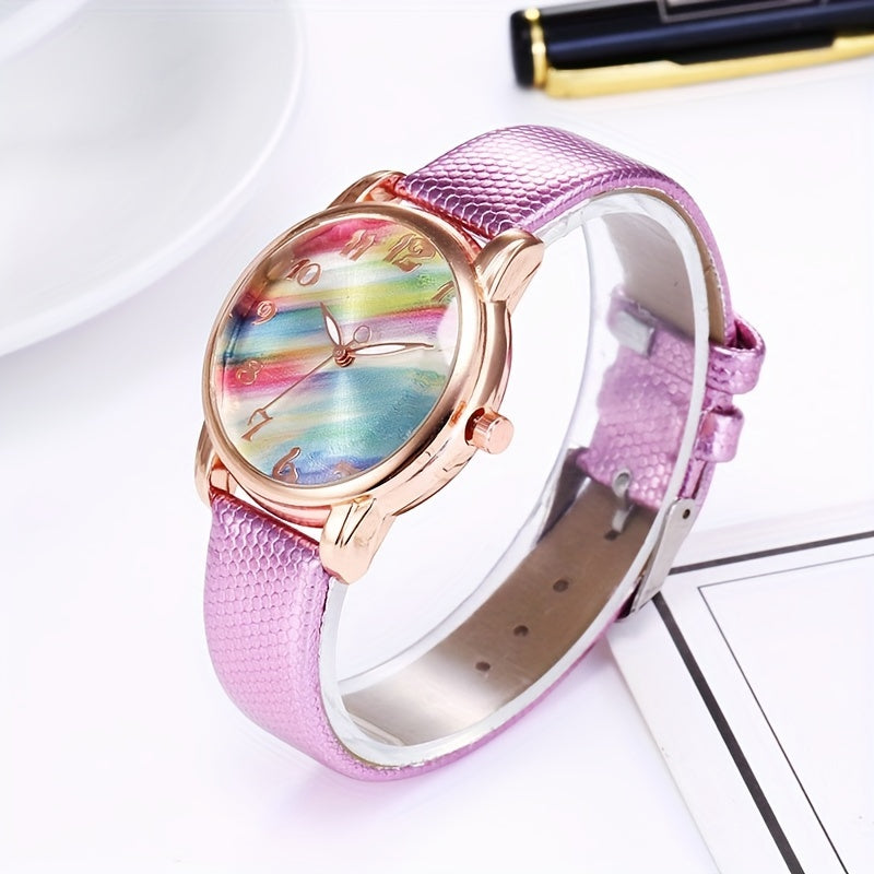 Women's Watch Graphic Color Block Quartz Watch Elegant Fashion Analog PU Leather Wrist Watch Gifts For Eid