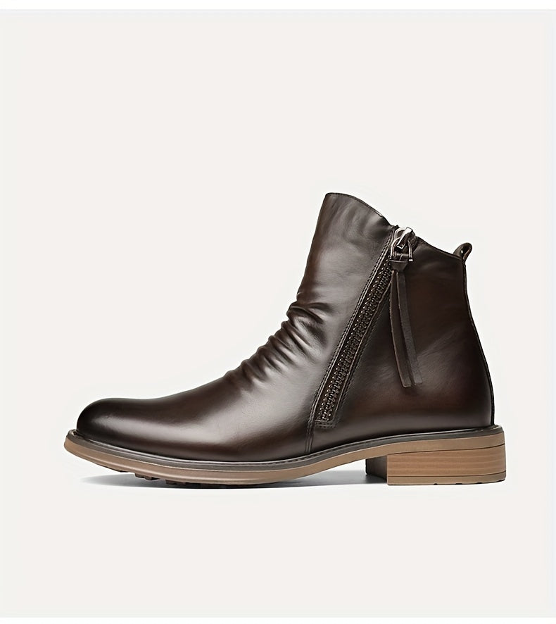Men's Casual Leather High-top Boots: Stylish, Durable & Non-slip; All-season Wear with Comfortable Zip Closure