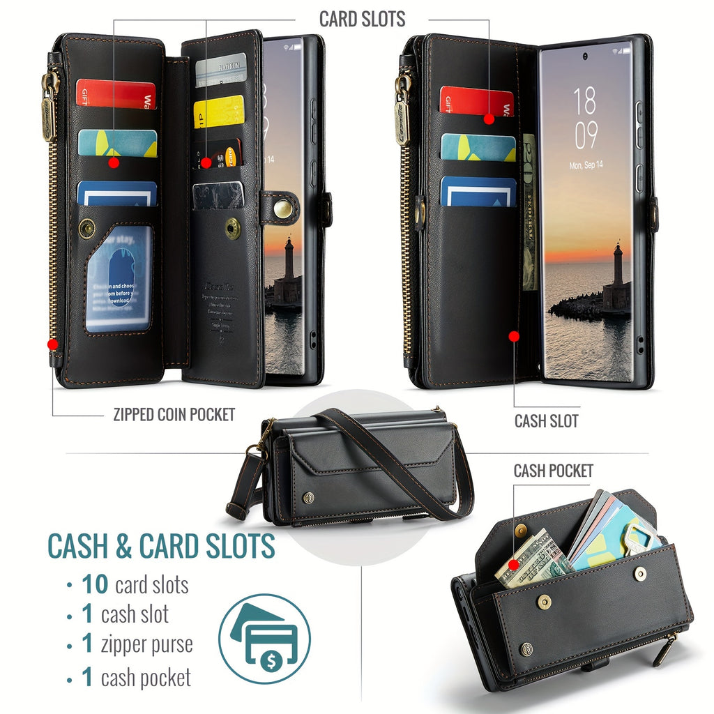Crossbody for Samsung Galaxy S23 S22 S21 Ultra S10 Plus A12 A13 A14 A22 A23 A24 A30S A50S A32 A33 A34 A51 A52 A53 A54 A71 A72 Case Wallet RFID Protection with 10-Card Holder Zipper Bills Slot, PU Leather Magnetic Flip Shoulde