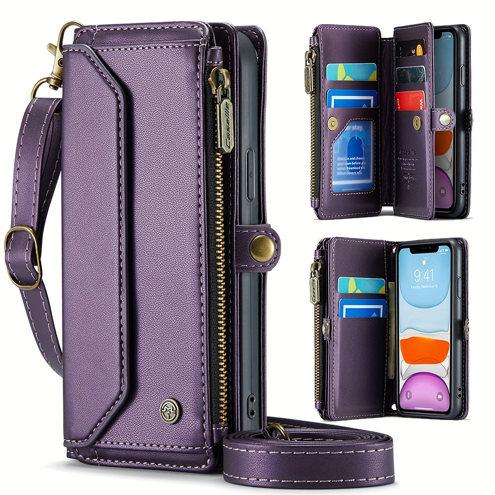 Extended Lanyard Faux Leather Phone Case for Iphone 15, 14, 13, 12, 11 Pro Max, Mini, XR, XS, 8, 7 Plus, And SE 2022 with Zipper Wallet And Card Holder