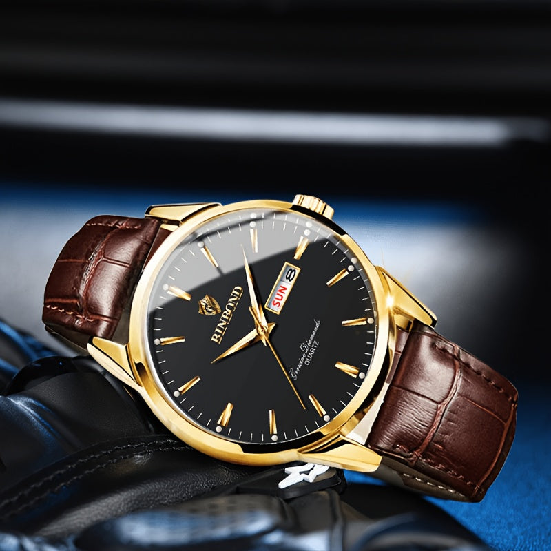 BINBOND Men's Fashion Quartz Watch, Casual Style, Round Alloy Case, Non-Waterproof, with Genuine Leather Strap, Date/Calendar Feature, Electronic Drive, Double Calendar, Waterproof, BINBOND