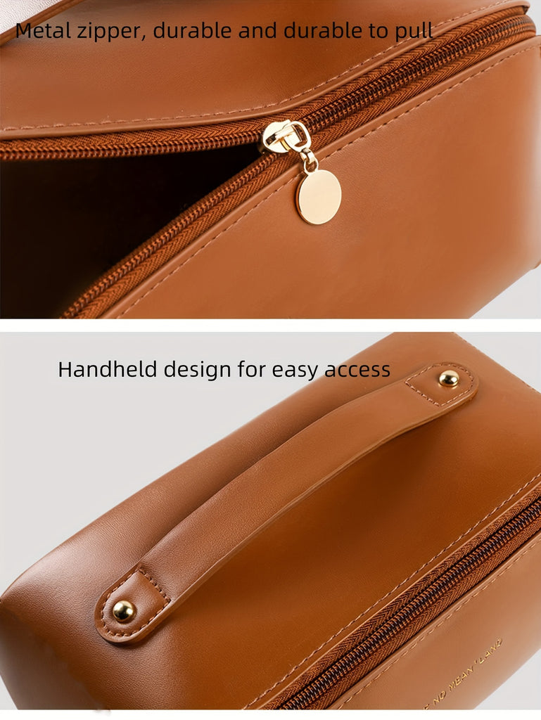 Large Capacity Makeup Bag, Multi-Layered With Dividers, Portable Zippered Pouch, PU Leather, Waterproof, Multifunctional Travel Organizer