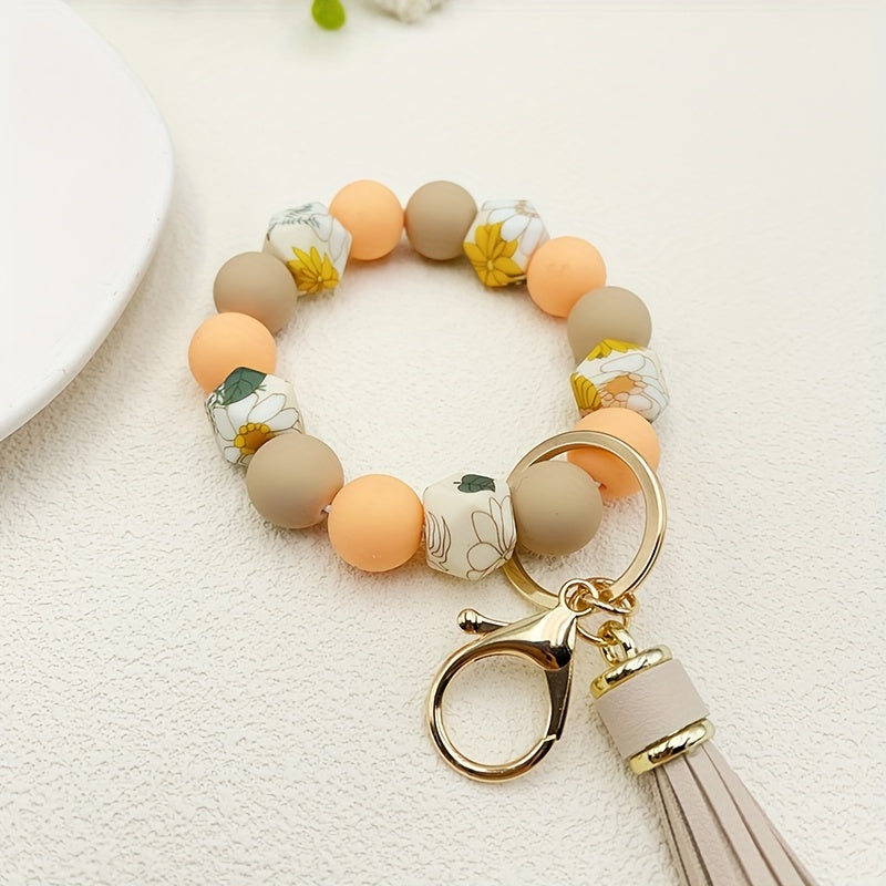 Silicone Beaded Wristlet Keychain With PU Leather Tassel Skull Flower Leopard Fashion Bag Charm Phone Lanyard Women daily use Gift