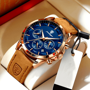 Men's Stylish Rose Golden Quartz Watch with Blue Dial, Waterproof, Genuine Leather Strap & Stainless Steel Case - Multifunctional Chronograph with Calendar Feature, Perfect for Casual Wear, Everyday Timepiece | Stylish Leathe