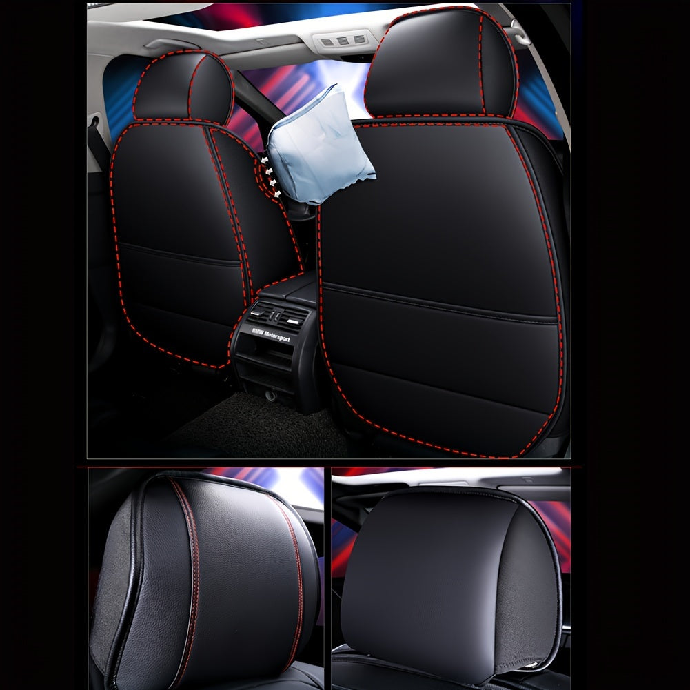 1pc Fit PU Leather Car Seat Cover, Breathable Front Seat Protector with Safety Cushion Compatibility, Sponge Filled, Non-Textile Weaving, Stylish Ergonomic Design with Red Accent Stitching, Available in Black/Brown/Beige/Blue