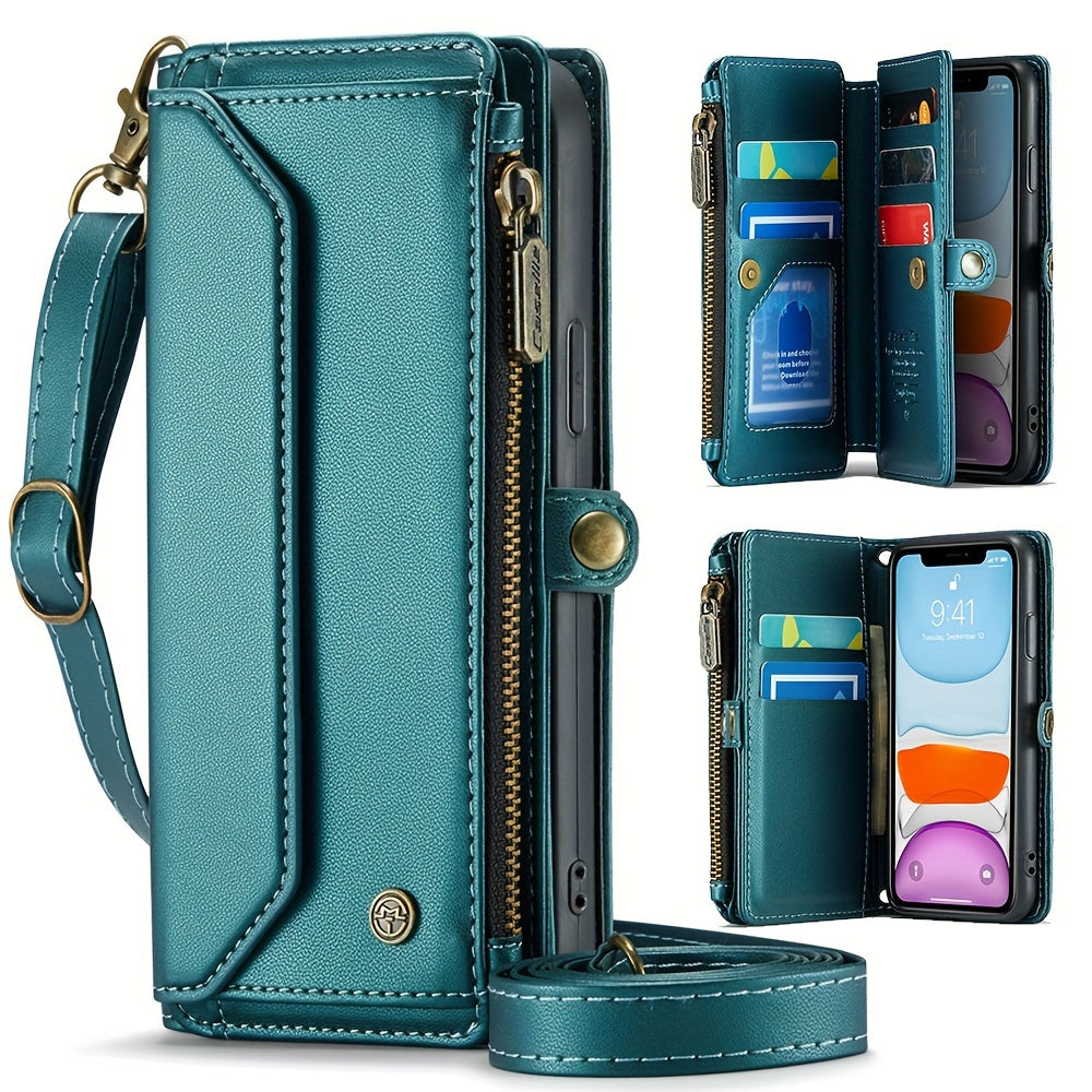 Extended Lanyard Faux Leather Phone Case for Iphone 15, 14, 13, 12, 11 Pro Max, Mini, XR, XS, 8, 7 Plus, And SE 2022 with Zipper Wallet And Card Holder