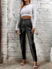 Elegant Women's Faux Leather Pants - High Waist, Comfort Stretch, Button Detail, Perfect for Fall/Winter