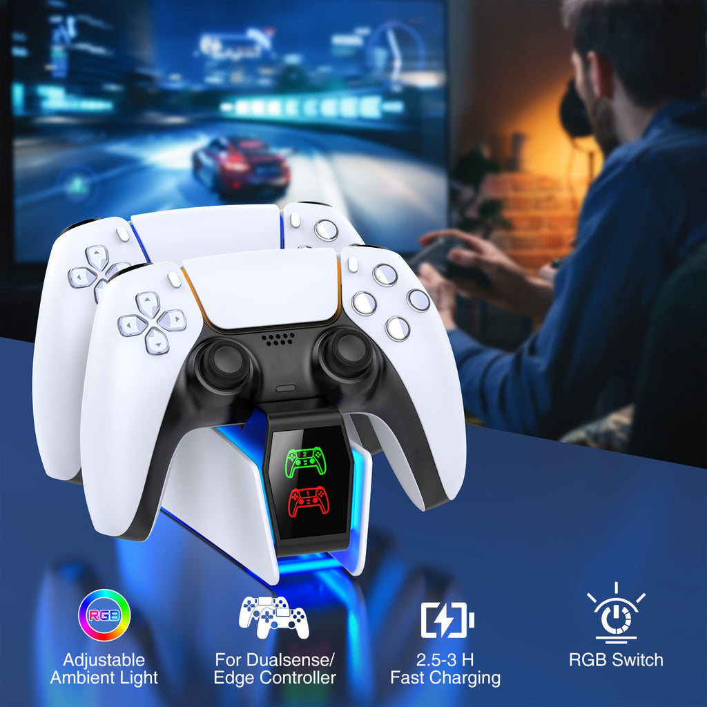 Dual PS5 Controller Charger Station with LED Light - Fast Charging, Space-Saving Dual Stand Dock for Playstation 5 Dualsense Controllers - BEBONCOOL, White, ABS Material, No Electronic Components