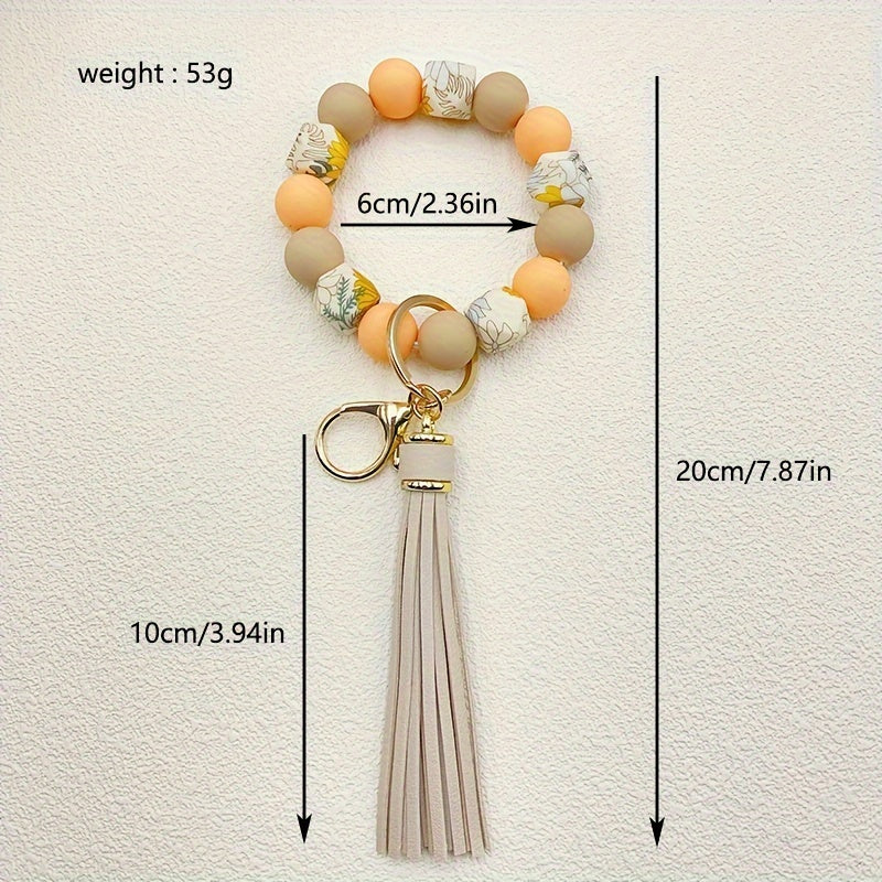 Silicone Beaded Wristlet Keychain With PU Leather Tassel Skull Flower Leopard Fashion Bag Charm Phone Lanyard Women daily use Gift